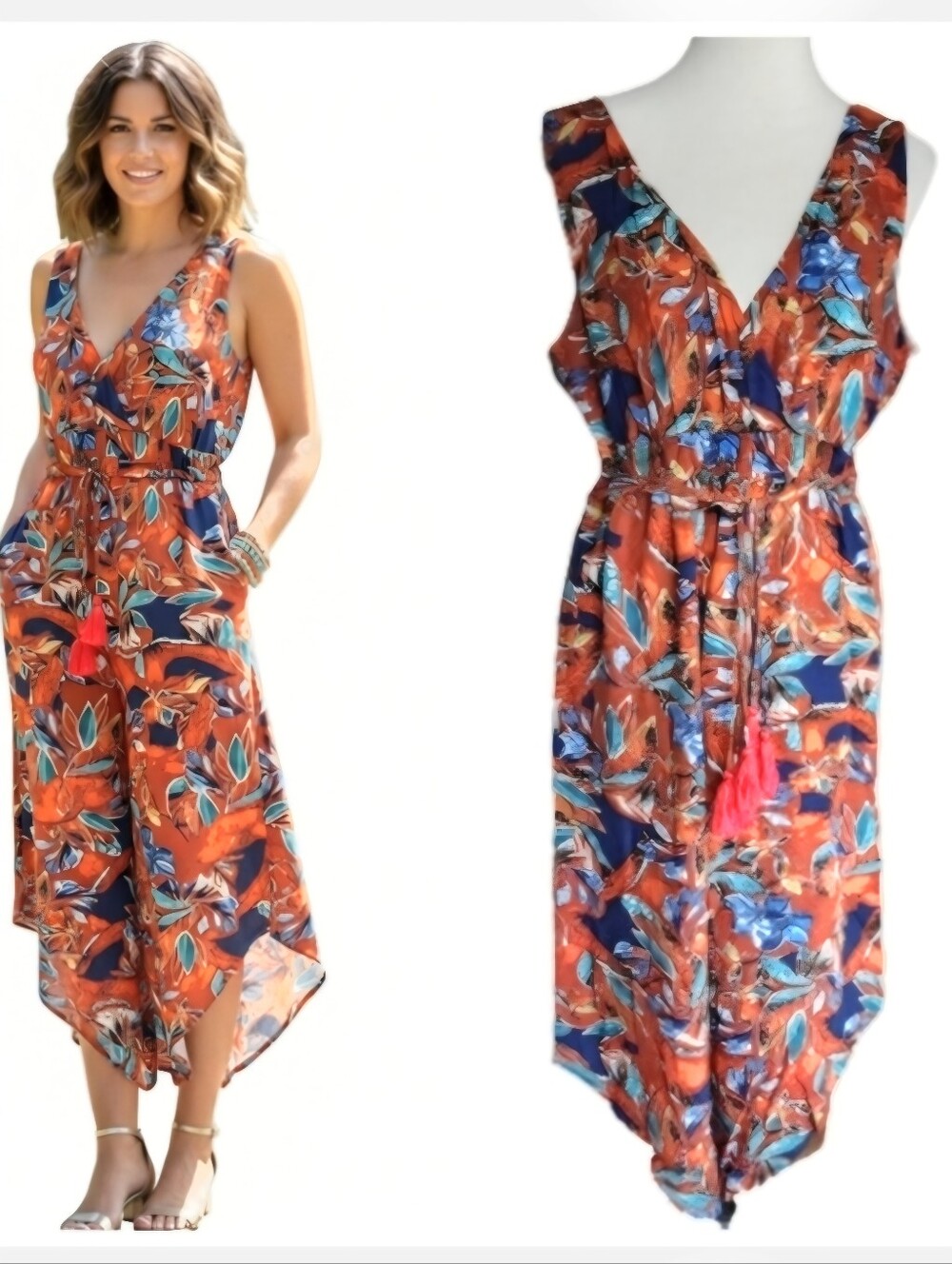 John Paul Richard orange floral short sleeve jumpsuit women's size medium